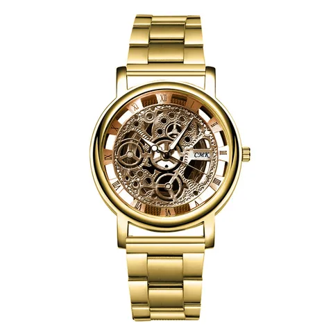 Часы наручные мужские Кварцевые водонепроницаемые, модные роскошные золотистые с полым циферблатом, с браслетом из нержавеющей стали, ретро