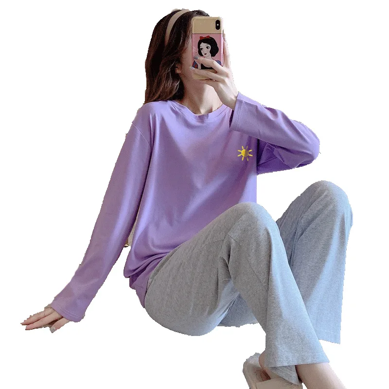 

Long Sleeve Top Women Solid Color Sun Print T Shirt Pink Kawaii Clothes New Tops Long Sleeve Cotton Pajamas Women's Suit