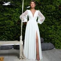 charming a line lace chiffon wedding dresses long sleeve v neck floor length side slit bridal gowns robe de mari%c3%a9e 2021