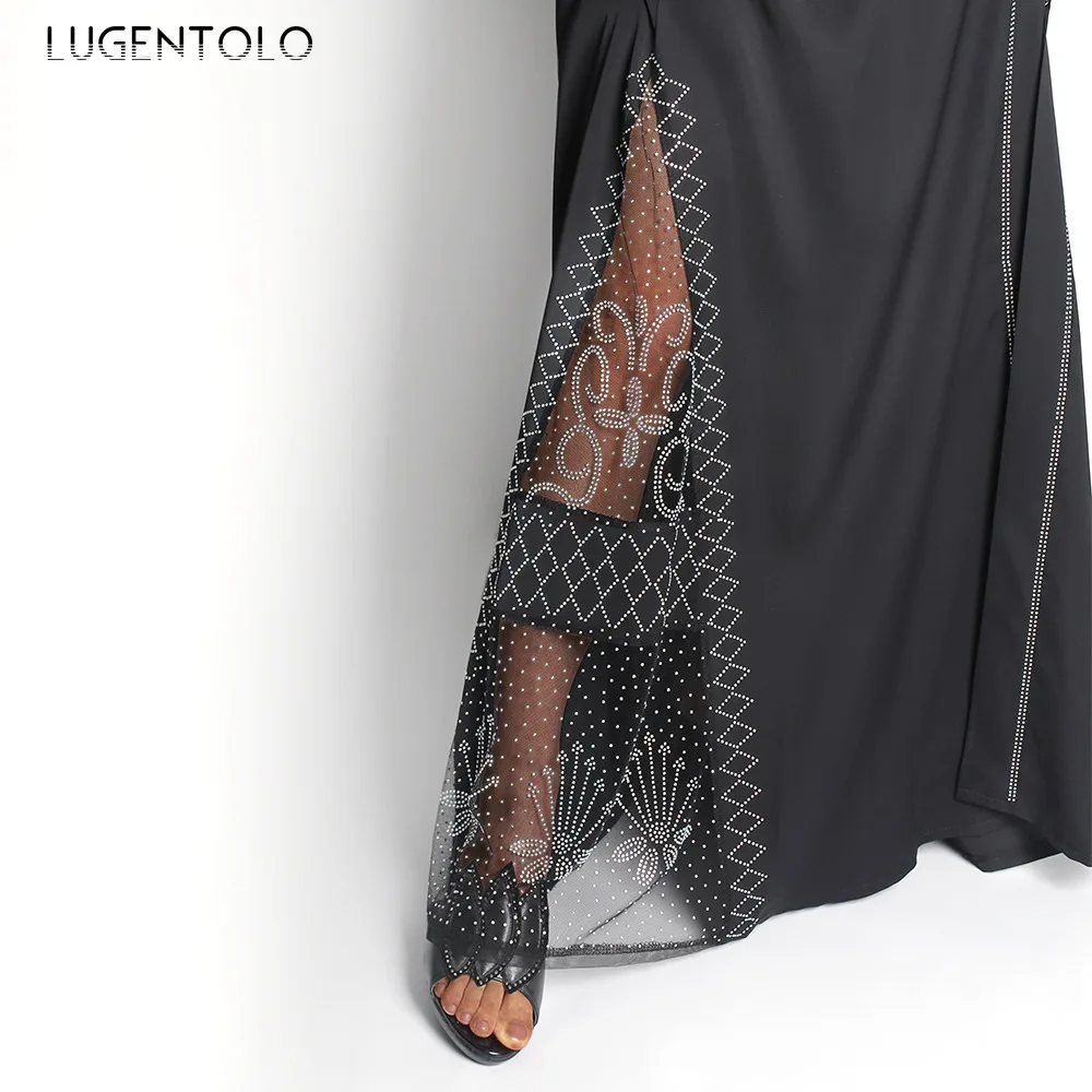 

Lugentolo Party Women's Elegant Dress Diamond Lace Mesh Hooded Fashion Muslim Dress Long Sleeve Big Swing Abaya Lady Maxi Dress