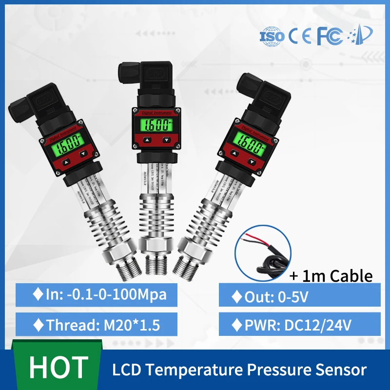 

0-5V Output High Temperature Pressure Transmitter Transducer Sensor for Water Gas Oil With 1m Cable M20*1.5 DC24V LCD Display