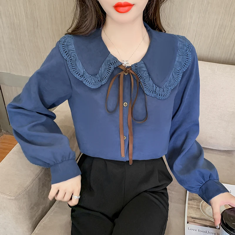 

Шифоновые свободные женские рубашки, повседневные блузы с длинным рукавом, новые модные блузы, однотонные пуговицы, кукольный воротник, осе...