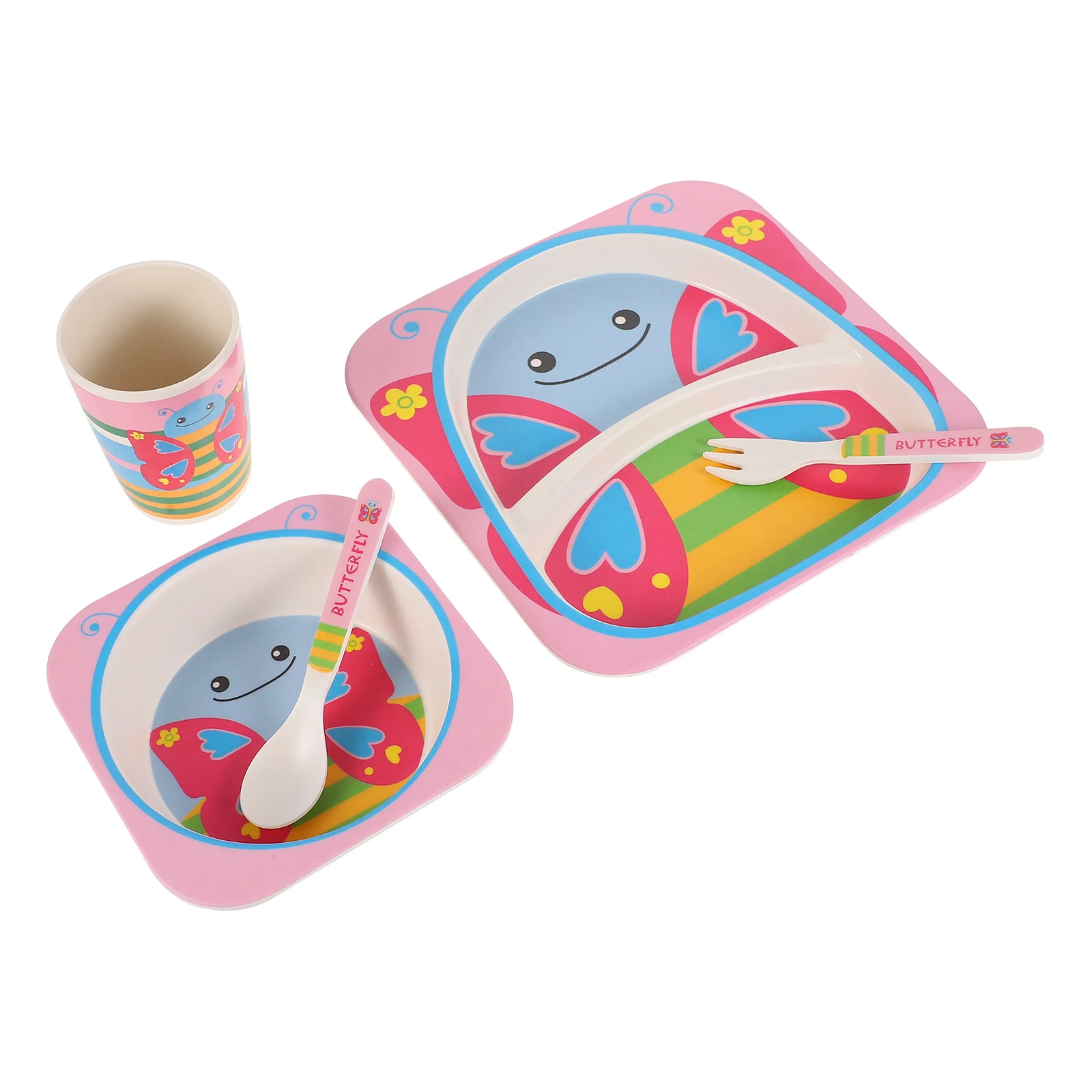 

5pcs/Set Bamboo Fiber Baby Feeding Bowl Plate Fork Spoon Cup Set Cartoon Feeding Tableware Children Training Food Bowl