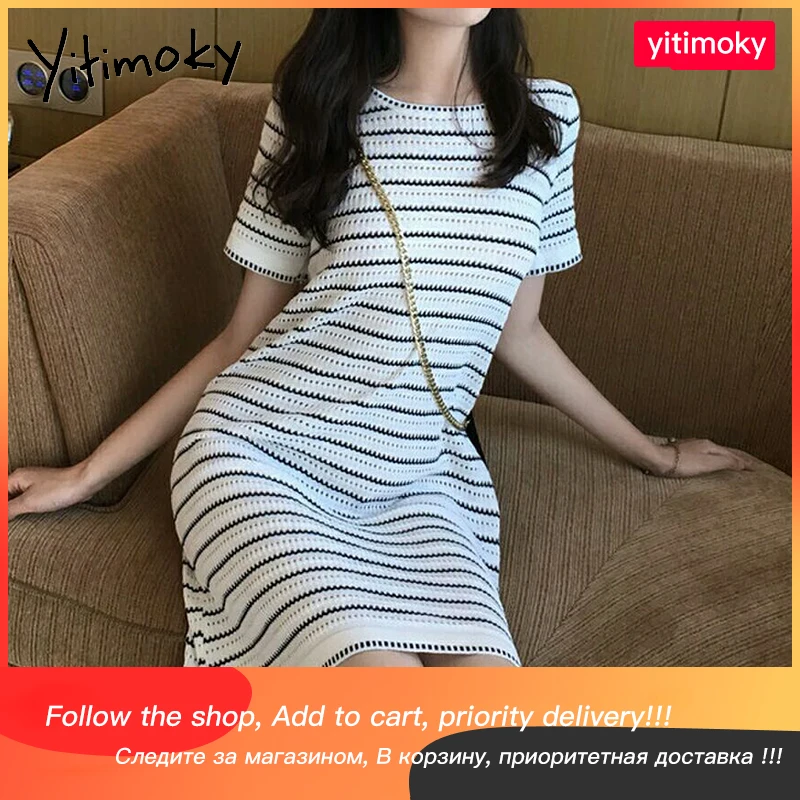

Женское платье в полоску Yitimoky, летние белые платья, Повседневная Корейская летняя модная одежда, удобный пуловер с коротким рукавом