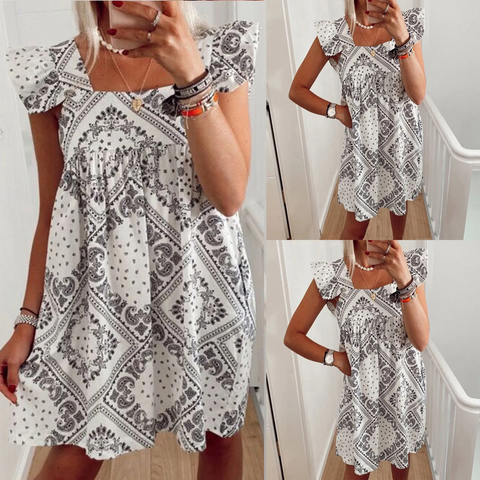 

Summer Women's Dress Fashion Printed Totem Square Neck Dress Loose Skirt Dress платье летнее женское 2021 dresses woman summe