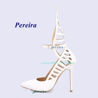 pointed toe cut out sandals hollow white high cut upper stiletto heel pumps high heels buckle strap new arrivasl summer shoes