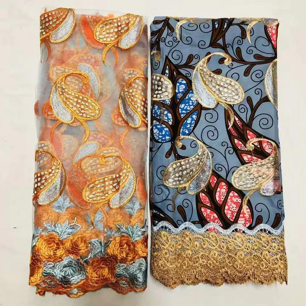 

Popular Party 6Y African Real Wax Cord Lace Fabric With 2Y Net Scarf Lace Fabric For Dress Set WNL78-3