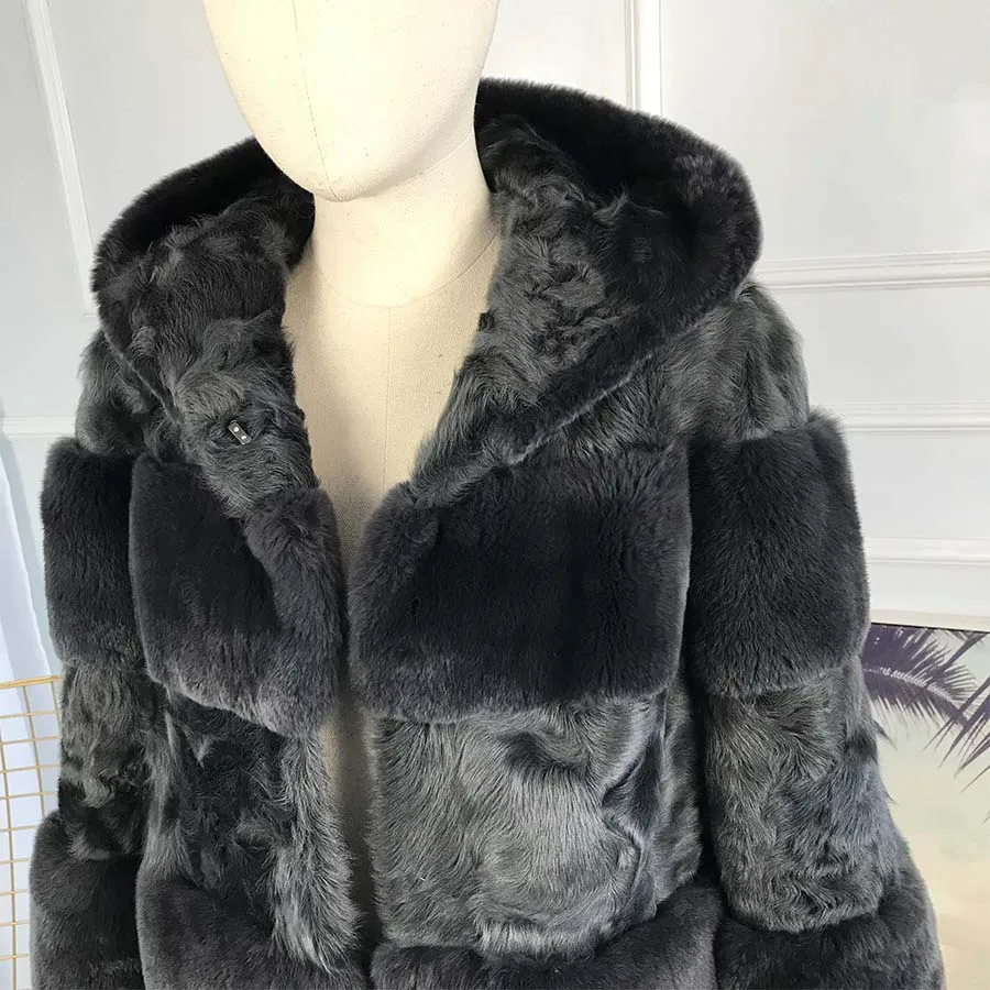 

Hooded Fur Coat Women Winter Jacket 2021 New Style Striped Overcoat Fast Shipping