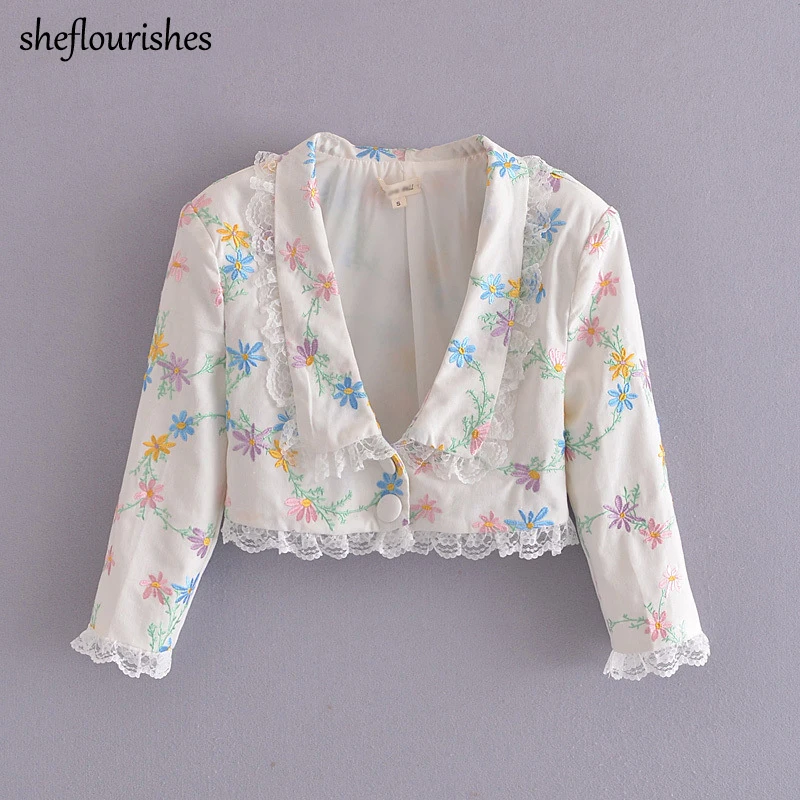 

Женский винтажный блейзер с цветочной вышивкой, белый льняной укороченный пиджак с длинным рукавом и кружевом в стиле пэчворк, лето 2021