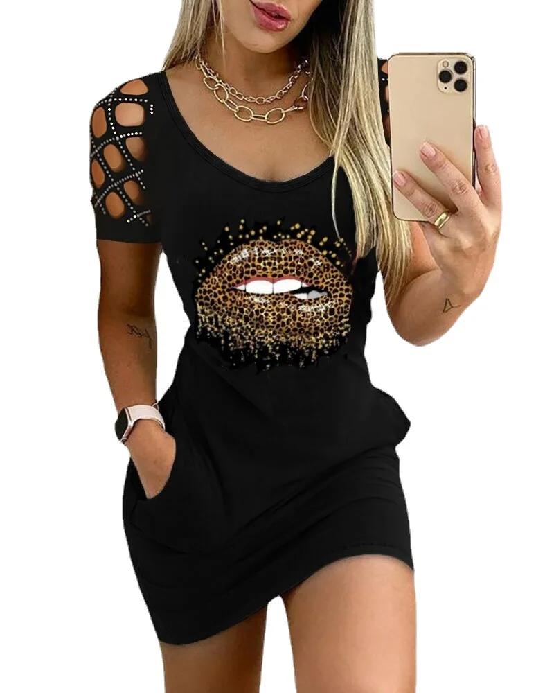 

2021 Elegant Rose Print Pocket Mini Dress Women Summer Casual O-Neck Short Sleeve Party Dress Lady Sexy Hollow Out Dress Vestido