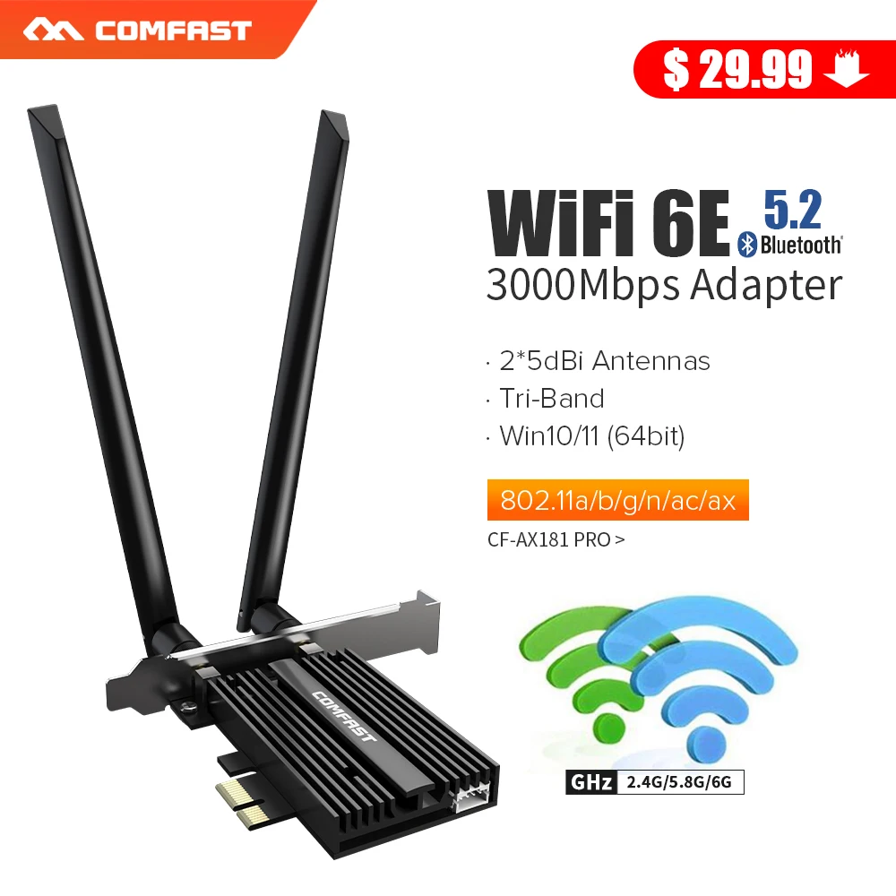 

650M~ 5374Mbps PCI Express 802.11AX Wi-Fi Network Card pk Bluetooth 5.2 Intel AX210 2.4G/5Ghz WiFi 6E PCIE Wireless WiFi Adapter