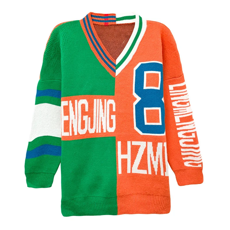 

2021 Autumn and Winter V-neck Fashion Stitching Sweater Women Wear Lazy Wind Pullover Loose Color Matching Orange Sweater Women