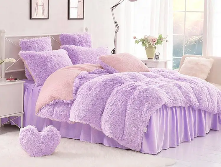 

Cashmere Princess Purple Grey beige Princess Bedding 4pcs Set king size Winter Coral Fleece Duvet Cover BedSkirt pillowcase sets