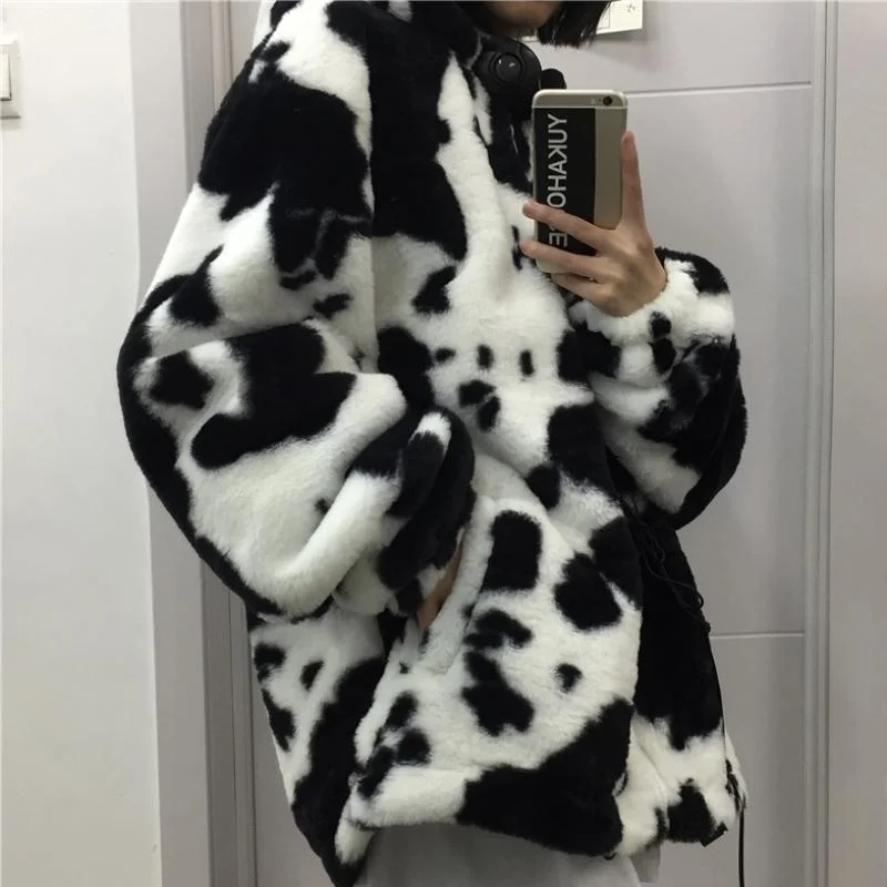 winter women fleece jackets furry teddy coat women harajuku milk cow print faux fur jacket vintage hip hop warm streetwear free global shipping