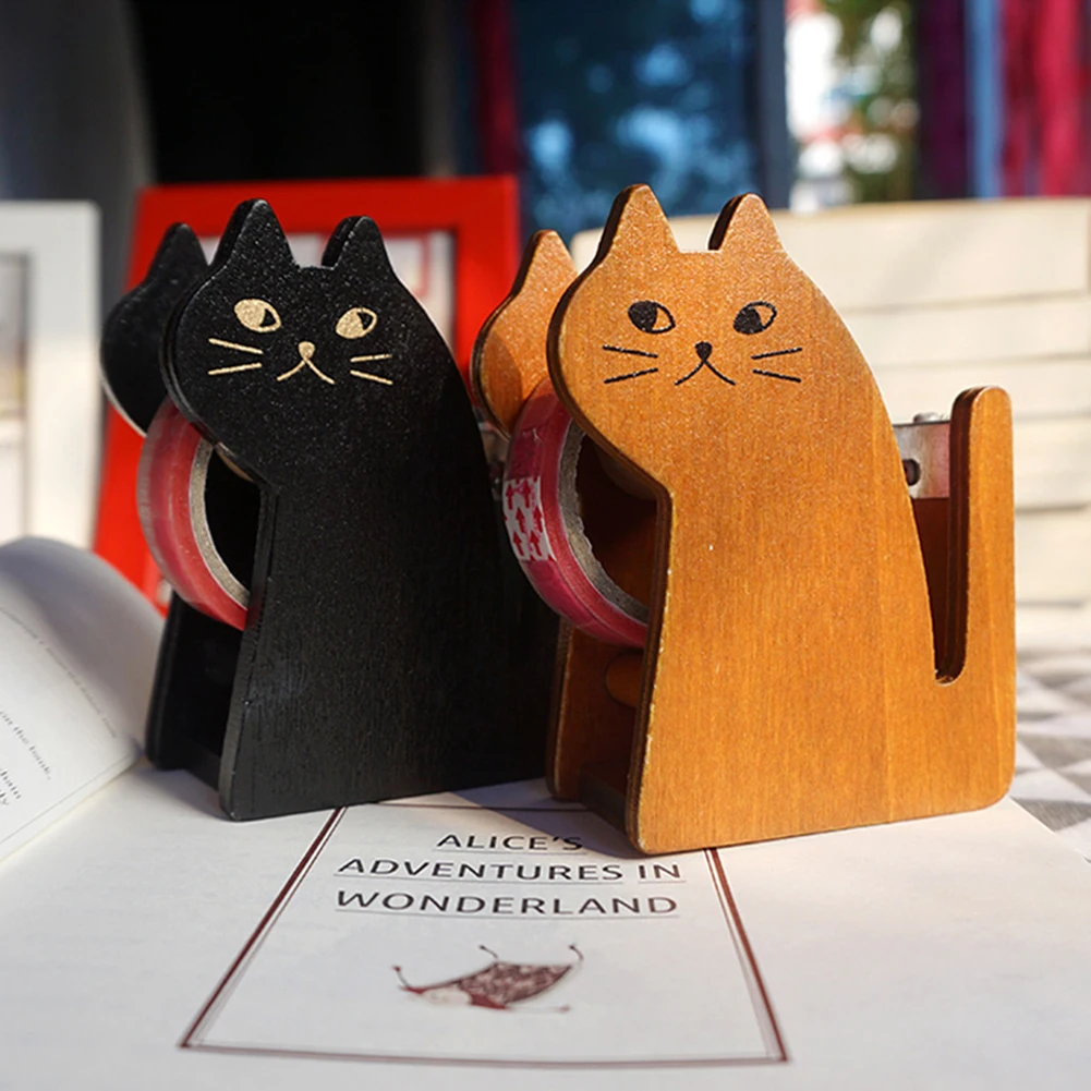

Cute Cat Shape Tape Cutter Wooden Tape Dispenser Office Desktop Mini Cutting Holder with Tape for 24mm or Less Tape Stationery