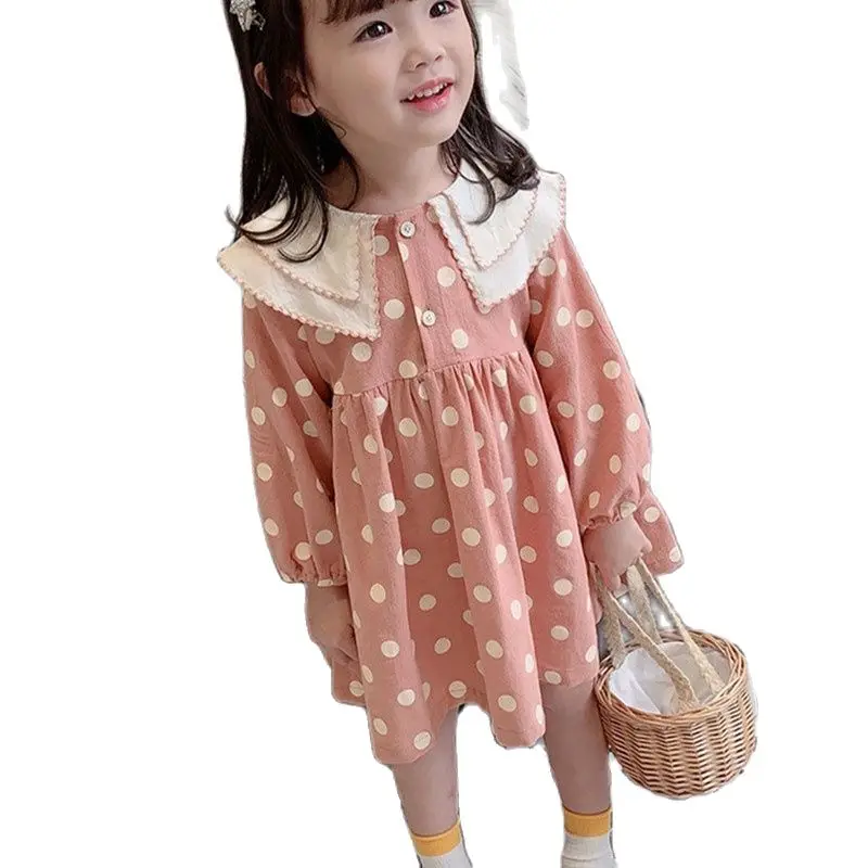 

2-7 Years Girls Polka-Dot Dress 2021 Spring Summer Long Sleeve Button Gown Clothing Kids Baby Princess Dresses Children Clothes