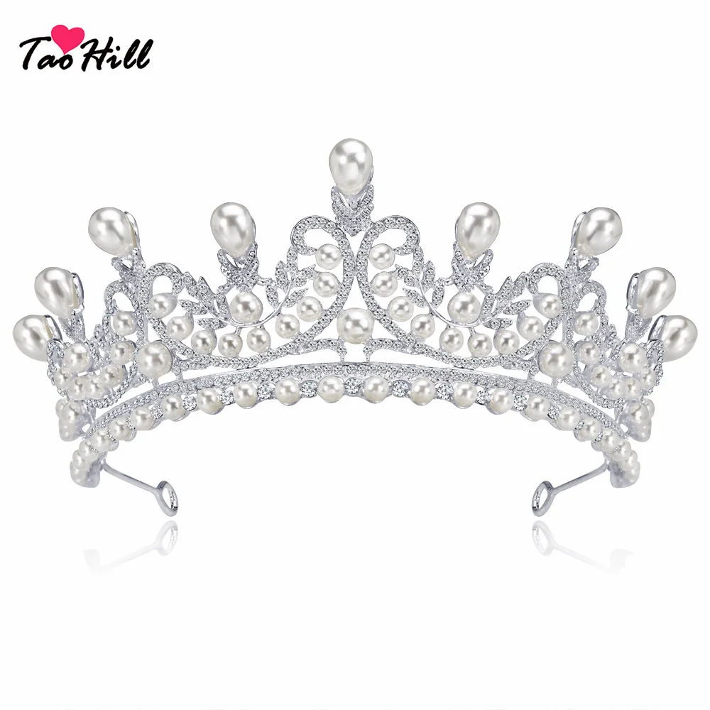 

TaoHill Vintage Silver Crown Bridal Headdress Pearl Rhinestone Wedding Princess Crown Jewelry Bridal Hair Accessories