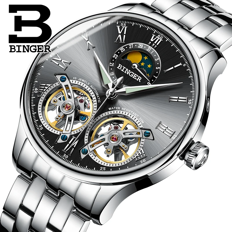 Швейцарские оригинальные мужские автоматические часы BINGER модные механические