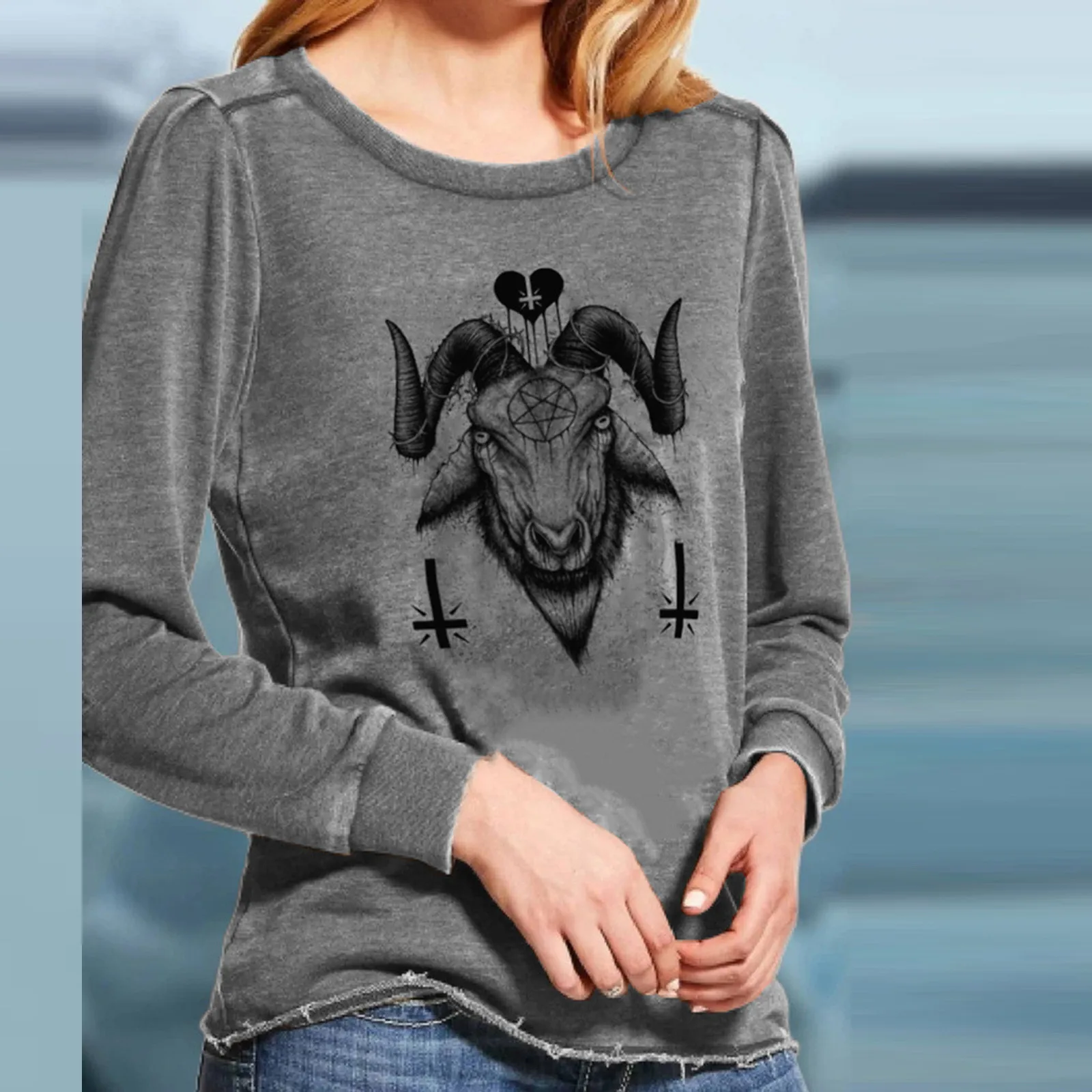 Women's Casual Sheep Head Printing Halloween O-Neck Long Sleeve Shirts Tops las mujeres sweetshirts 2021 new hot sale