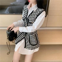 2021 womens temperament houndstooth loose sleeveless waistcoat two pieces white black long sleeved blouses shirts