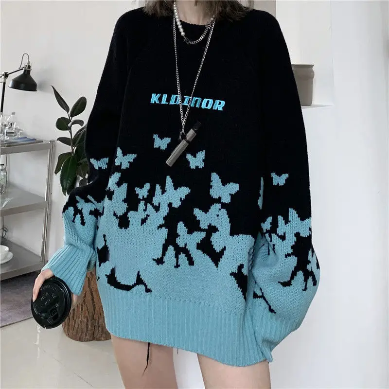

2021 new sweater women hip hop butterfly jacquard women sweater couple hedging knit top gothic loose men/women sweater over size