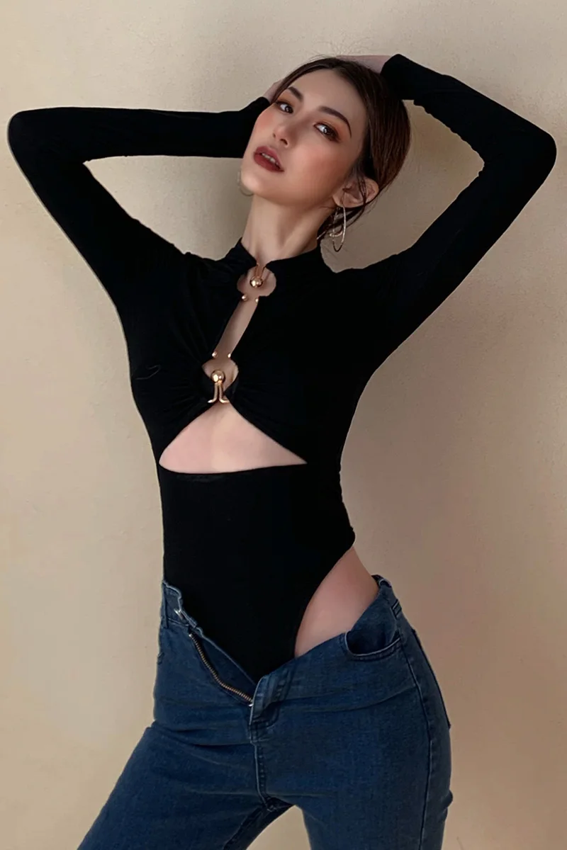 

Black Hollow Out Sexy Harajuku Bodysuit Womens Off Shoulder Streetwear Party Club Body Suit Jumpers Long Sleeve Rompers Ladies