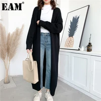 eam gray long keep warm knitting cardigan sweater loose fit v neck long sleeve women new fashion tide autumn winter 2021 1y193