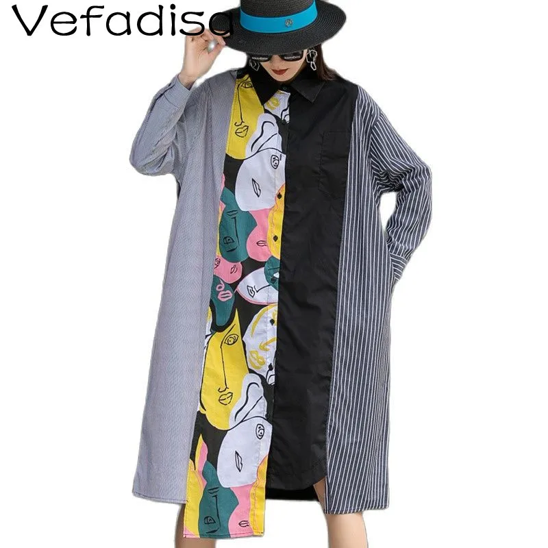 

Vefadisa 2021 Spring And Autumn New Women Clothing Striped Print Irregular Long Sleeve Dress Patchwork Collar Shirt Dress TT065