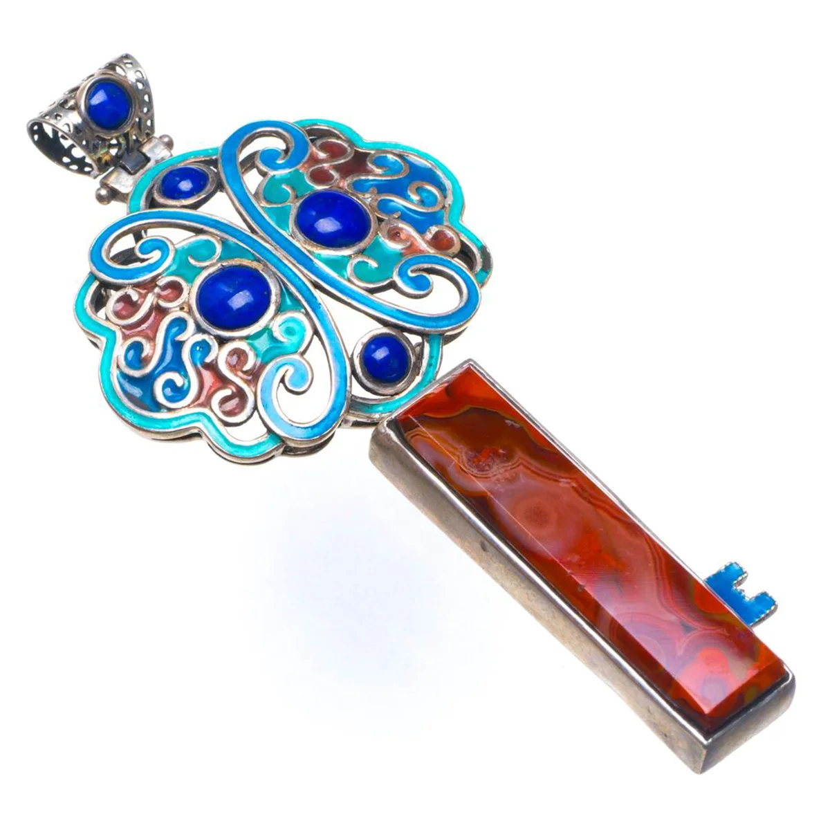 

Natural Crazy Lace Agate,Lapis Lazuli And Cloisonne Key-Shape Handmade 925 Sterling Silver Pendant 3.25" D1534