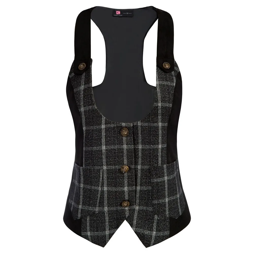 

KK Women Faux Suede Patchwork Vest U-Neck Handkerchief Hem Vest Coat Back Waist With Strap Adjust For Best Fit