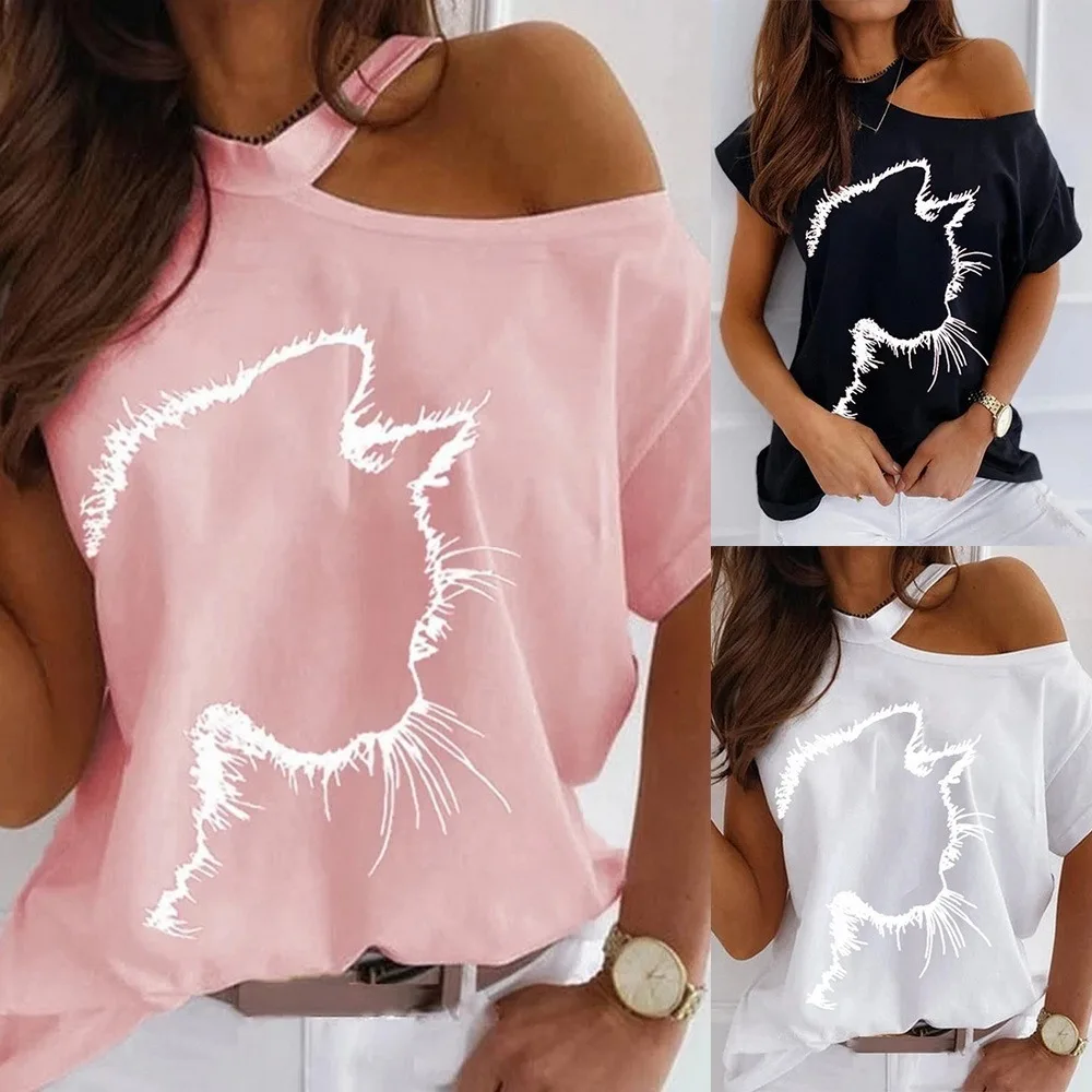 

Oeak 2021 Top Sexy Off Shoulder Summer Tshirt Women Print Casual Short Sleeve Pullovers Tops Fashion Street Women Tees