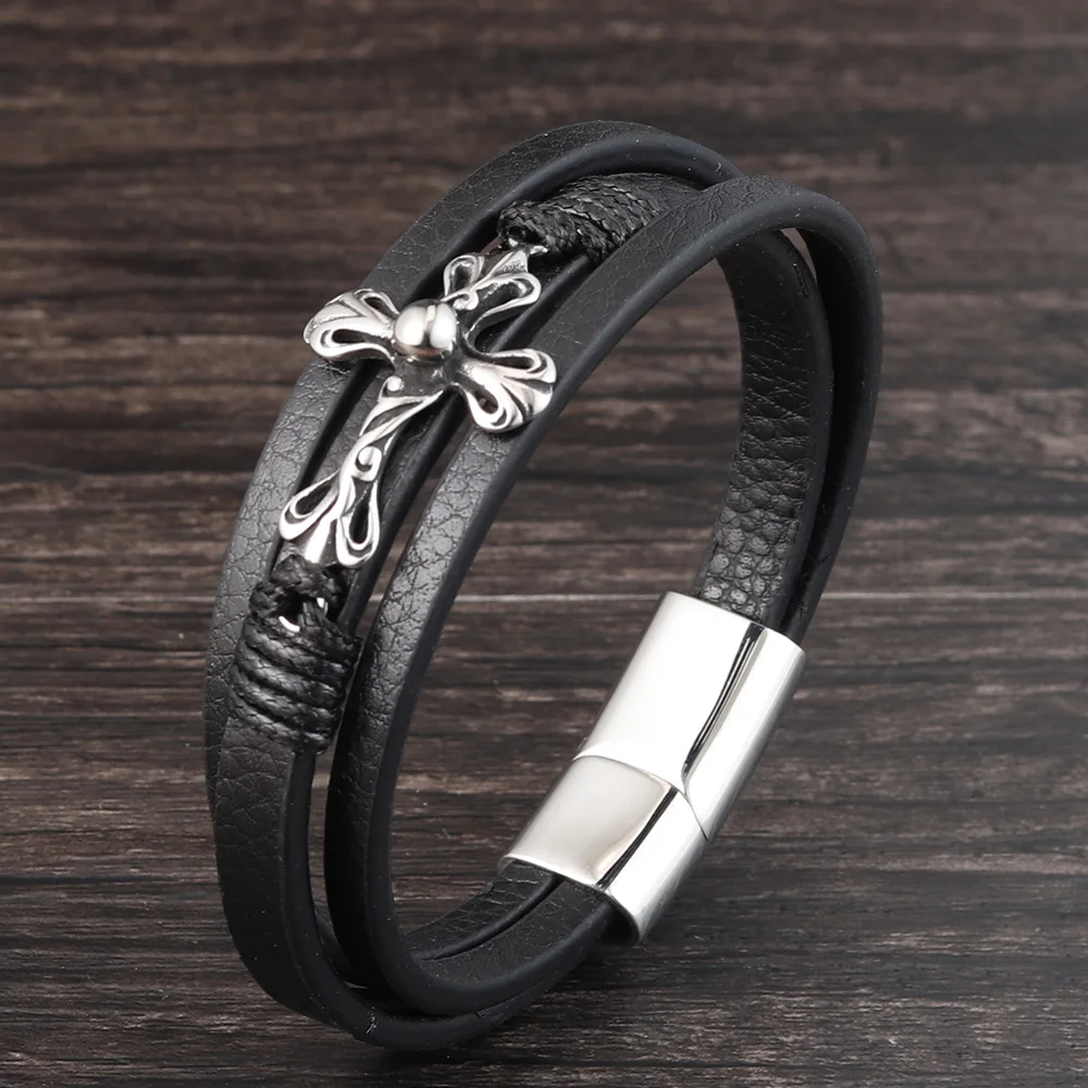 Черный Цвет Крест шаблон сплав Пряжка из натуральной кожи браслет для мужчин