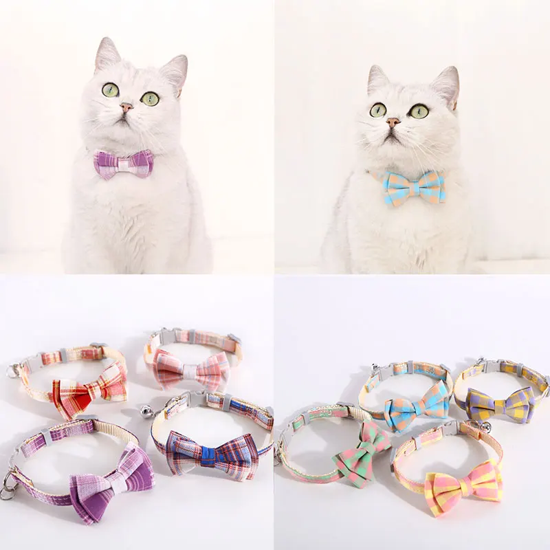 

Sweet Cute Bow Collar Colorful Plaid Cat Necklaces Adjustable Lattice Collar British Style Pet Collar Bell Bow Tie Pet Supplies