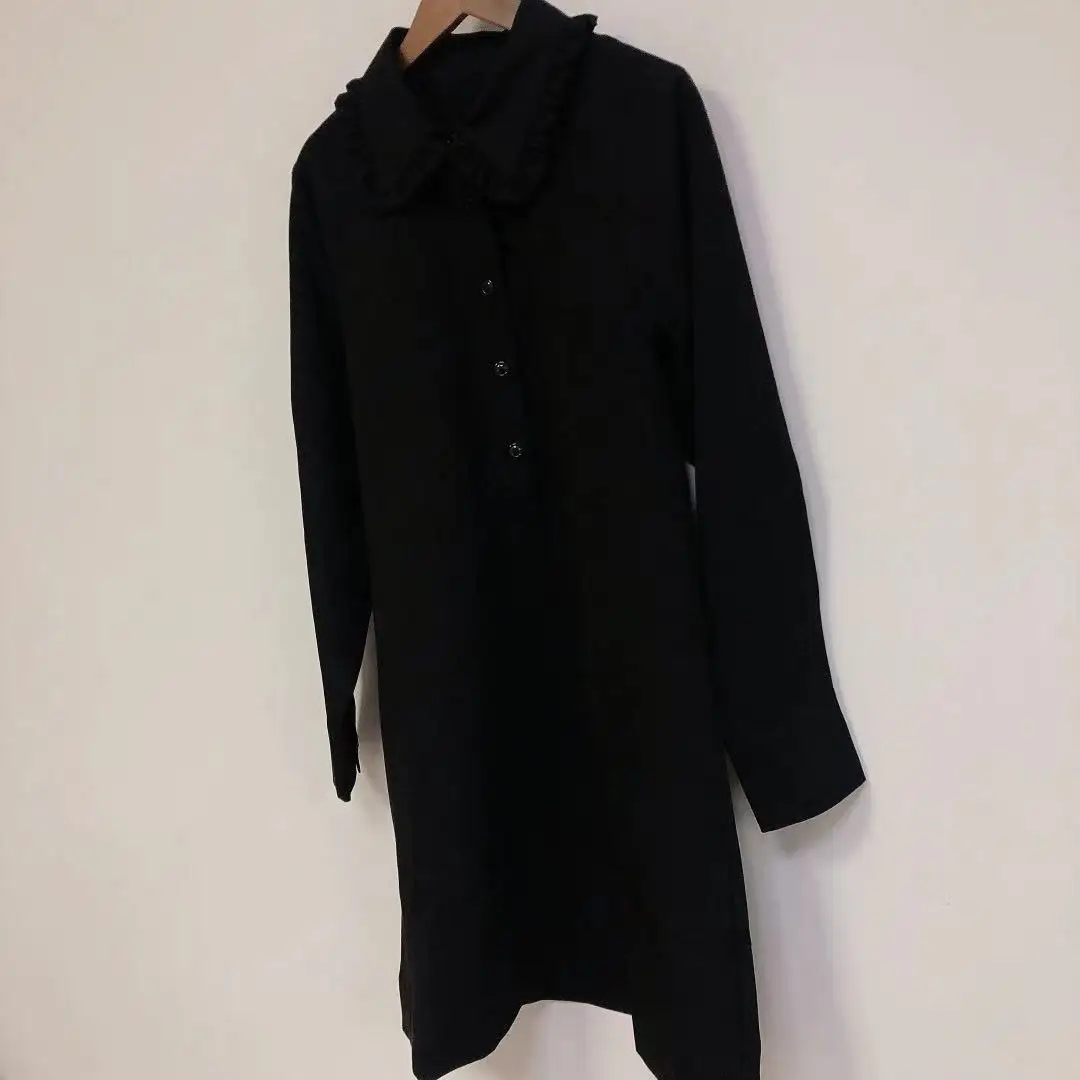 

2021 Early Spring Women Short Dress Frill Trim Peter Pan Collar Ladies Long Sleeve Black Dresses Mini Robes with Buttons