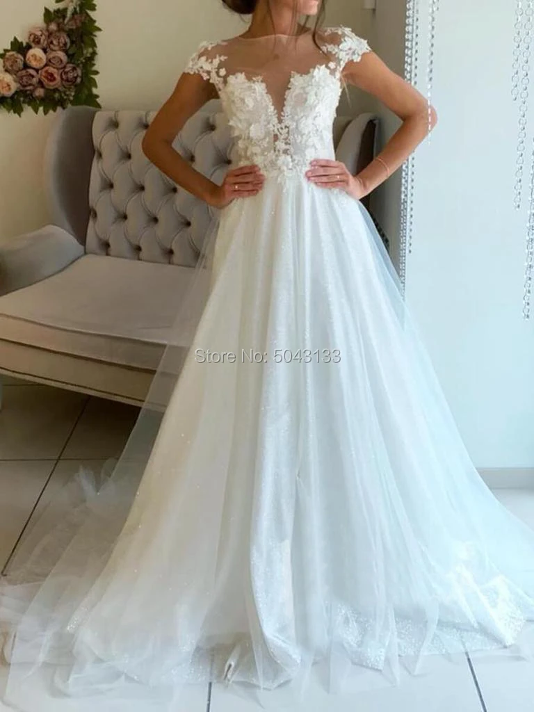 Elegant Lace Appliques A Line Ivory Wedding Dresses with 3D Flowers 2021 Jewel Neckline Cap Sleeves Sparkly Tulle Bridal Gowns | Свадьбы и