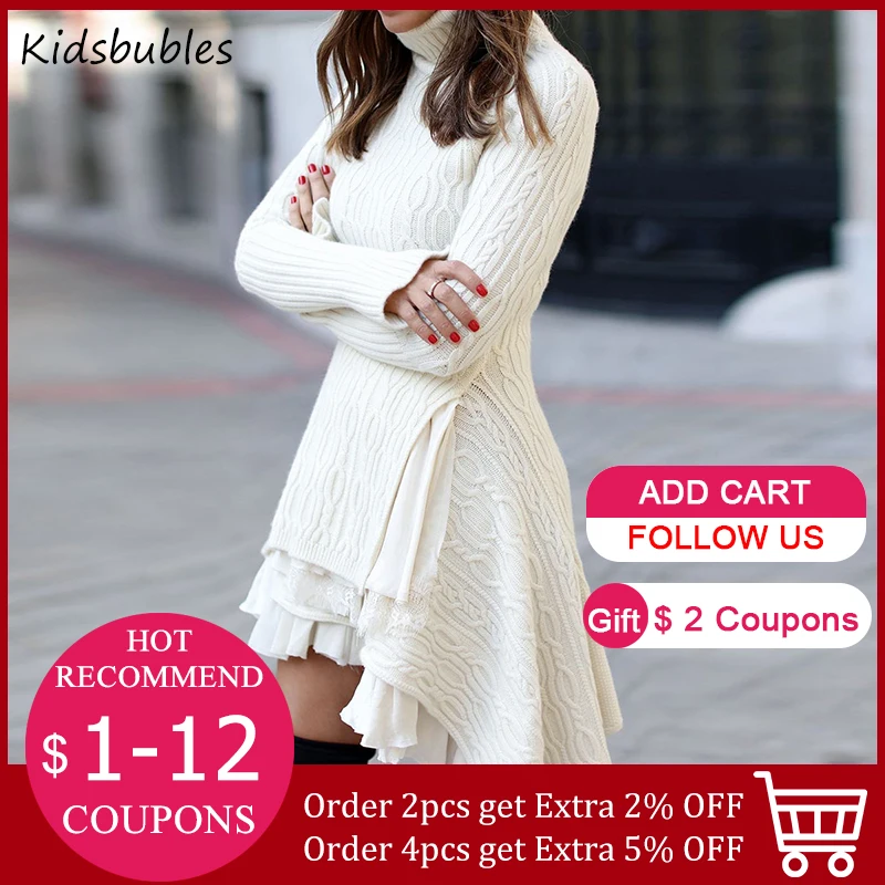 

Women New Year Sweater Dress Autumn Winter Knitted Asymmetrical Turtleneck Casual Warm Sweet Fashion Female Midi Plus Size Party