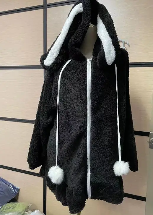 Rabbit Ears Hooded Coats Japanese Korean Girl Warm Women Kawaii Jacket Fall Winter New Sweet Soft Lambswool Ruffles Parkas White
