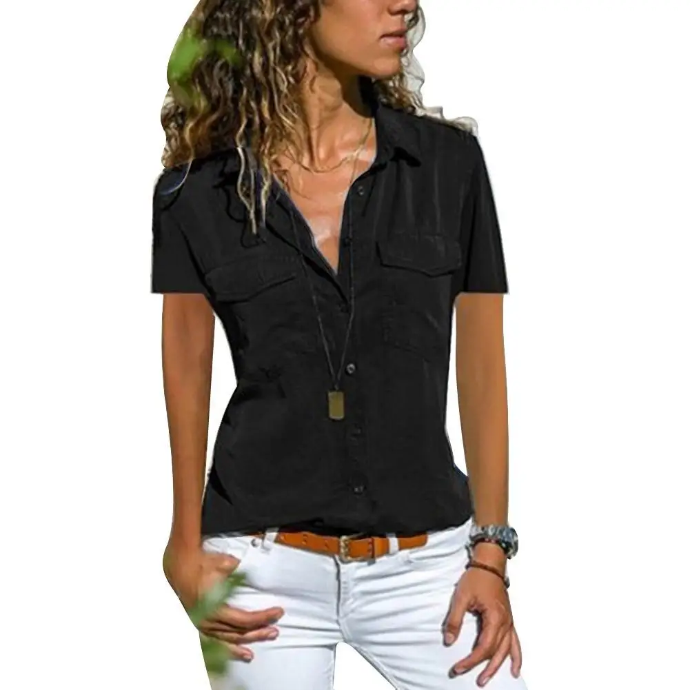 Women Blouse Lapel Button Pocket Shirt Solid Color V Neck Short Sleeve Blouse Black S-8XL Women's Clothing Блузки 2022  - buy with discount