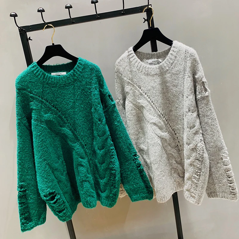 Женский пуловер с круглым вырезом свободный длинный вязаный свитер средней