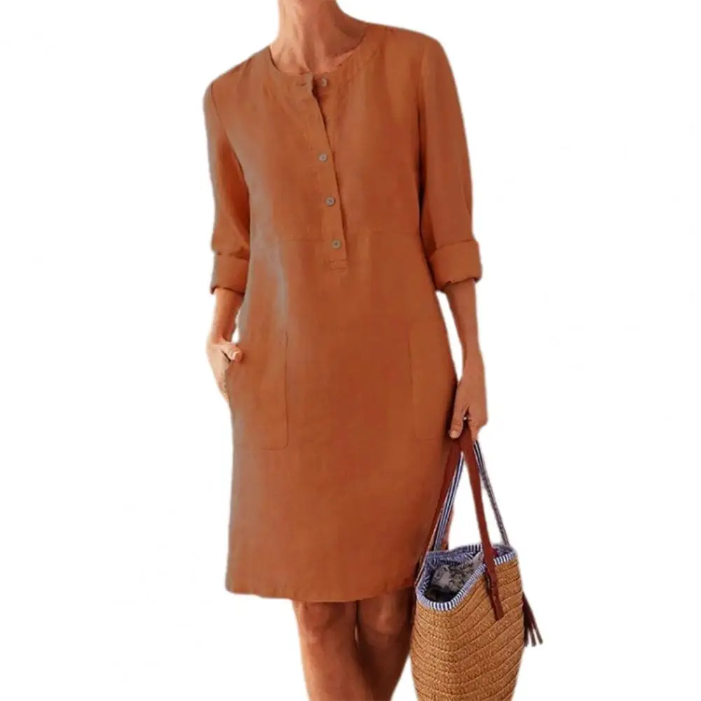 

Plus Size Women Dress Solid Color Pockets Summer Round Neck Long Sleeve Buttons Dress Loose Ladies Jeans Color Dress Vestidos