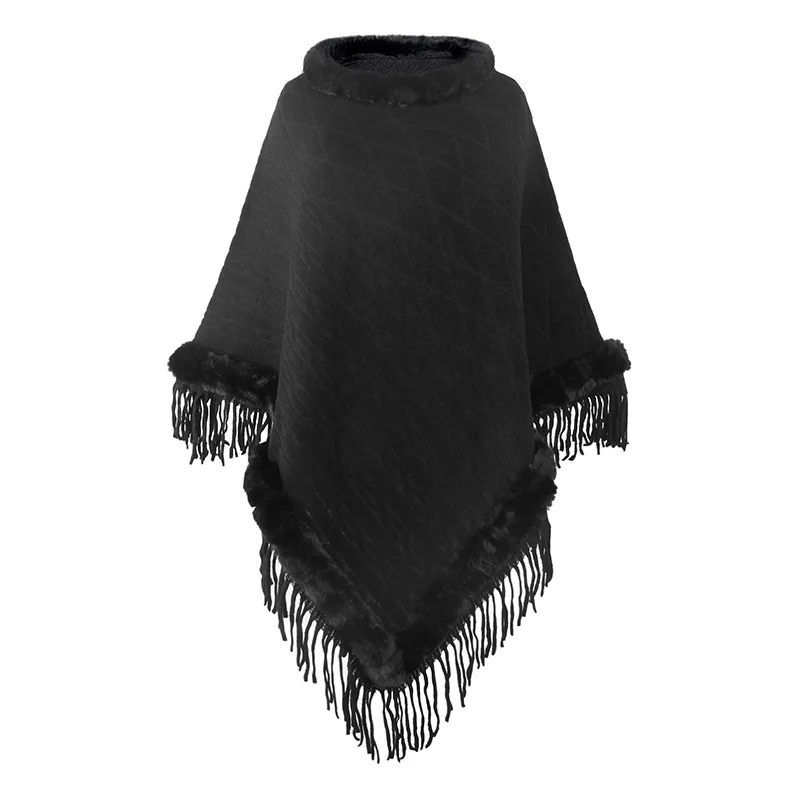 Women Autumn Winter Knitted Clothing Femme Oversize Shawls Wraps Tassel Fur Collar Loose Solid Color Aesthetic Cape Streetwear
