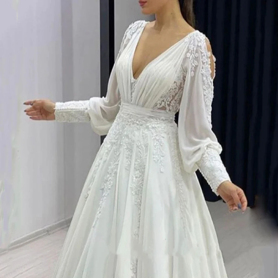 

Jiayigong Boho Chiffon Wedding Dress with Lantern Sleeves V Neck Sweep Train A Line Vestido Noiva Beach Bridal Gown