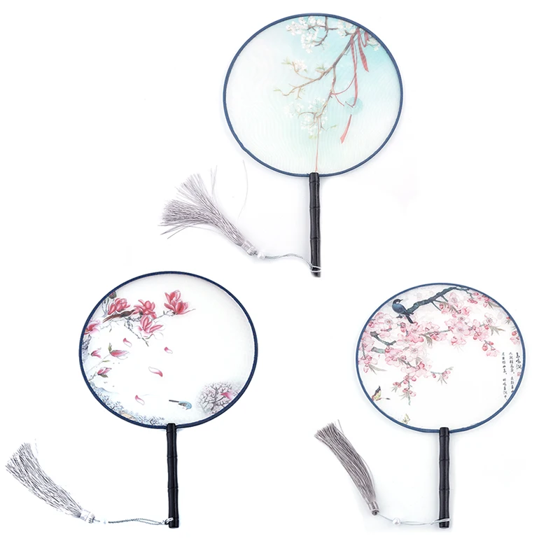 

Chinese Style Round Fan with Wooden Handle Portable Printed Vintage Fan Dance