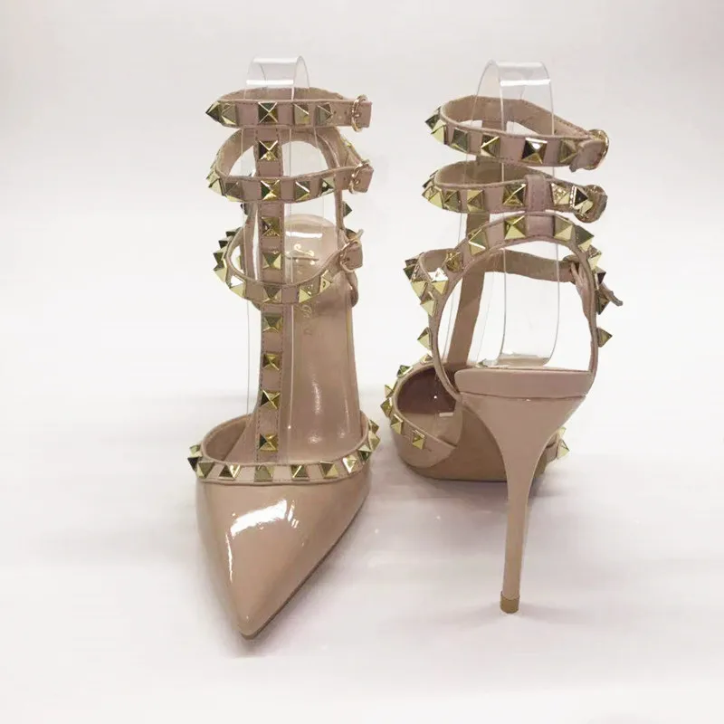 Beige 10cm Европейский и американский стиль; Новинка г.; Осенняя обувь на высоком каблуке с острым носком и заклепками; 10 cmt; с завязками на тонком каблуке - Цвет: Beige 10cm