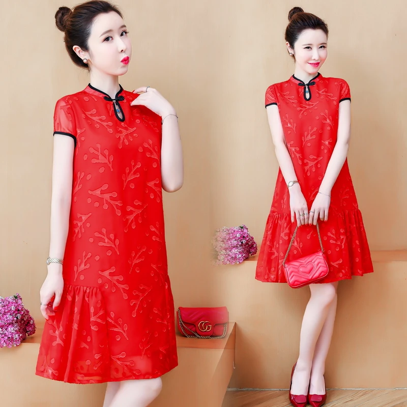

Китайское традиционное летнее красное платье Ципао в этническом стиле, винтажное, для милой девушки, элегантное, с коротким рукавом, Ципао, ...