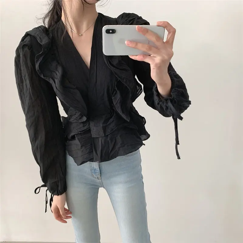 Стильные плиссированные пикантные однотонные Топы HziriP с оборками повседневные