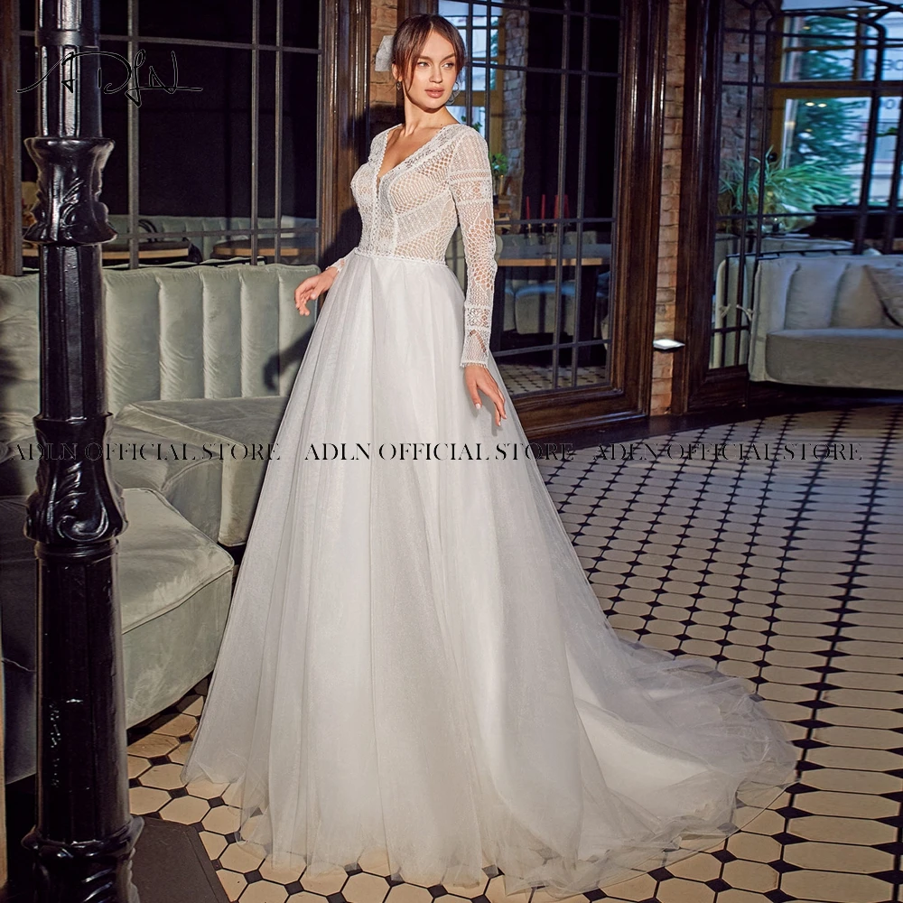 

ADLN V-neck Bohemian Lace Wedding Dresses Backless Long Sleeves Bridal Gown Custom Made A-line Tulle Boho Bride Dress