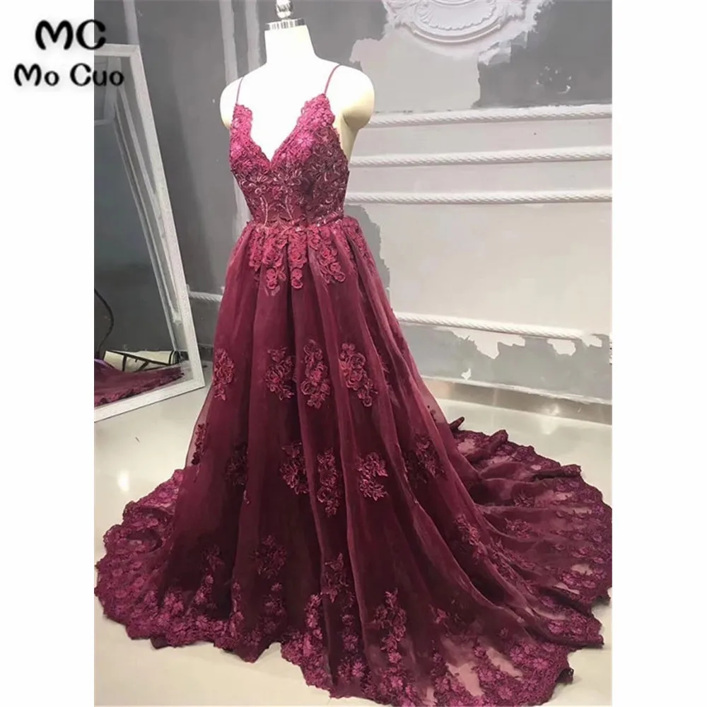 

Puffy Burgundy A-Line Evening Dresses with Appliques Backless Straps Tulle Prom Gown Long Women's Evening Dress Prom Dress