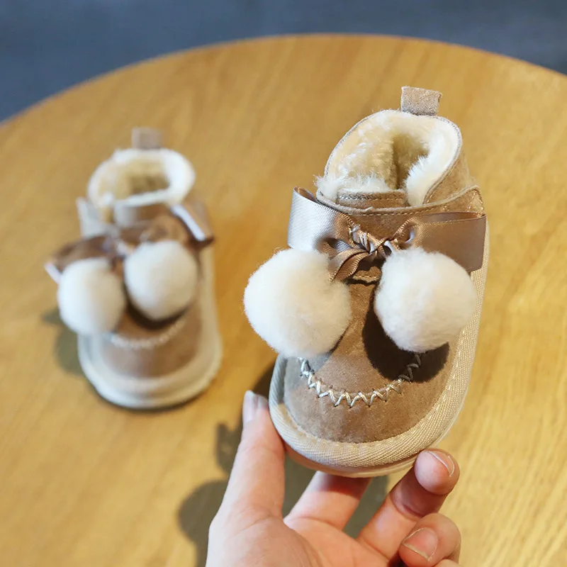 Claladoudou 12-14cm Brand Genuine Leather baby snow boots khaki black gray cute pompom bow tie princess dress shoes for winter