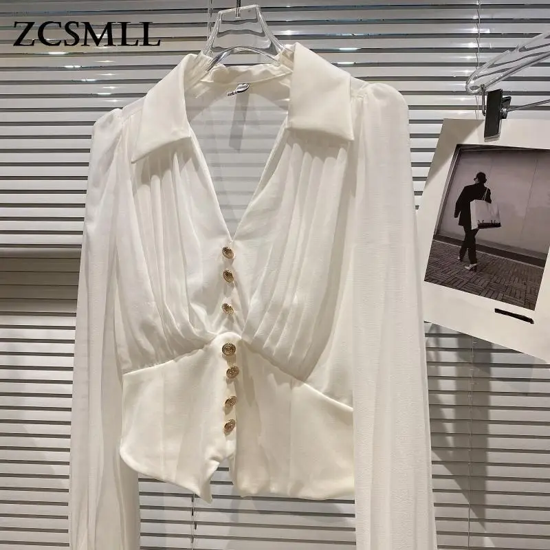 

ZCSMLL 2021 Fall Spring Women White Blouse New Temperament Ladies Folded V-Neck Metal Button Solid Color Female Shirt